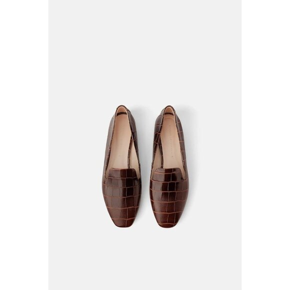 ZARA Chocolate Brown Croc Embossed Faux Leather Slipper Loafers, Size 36 - Picture 13 of 14